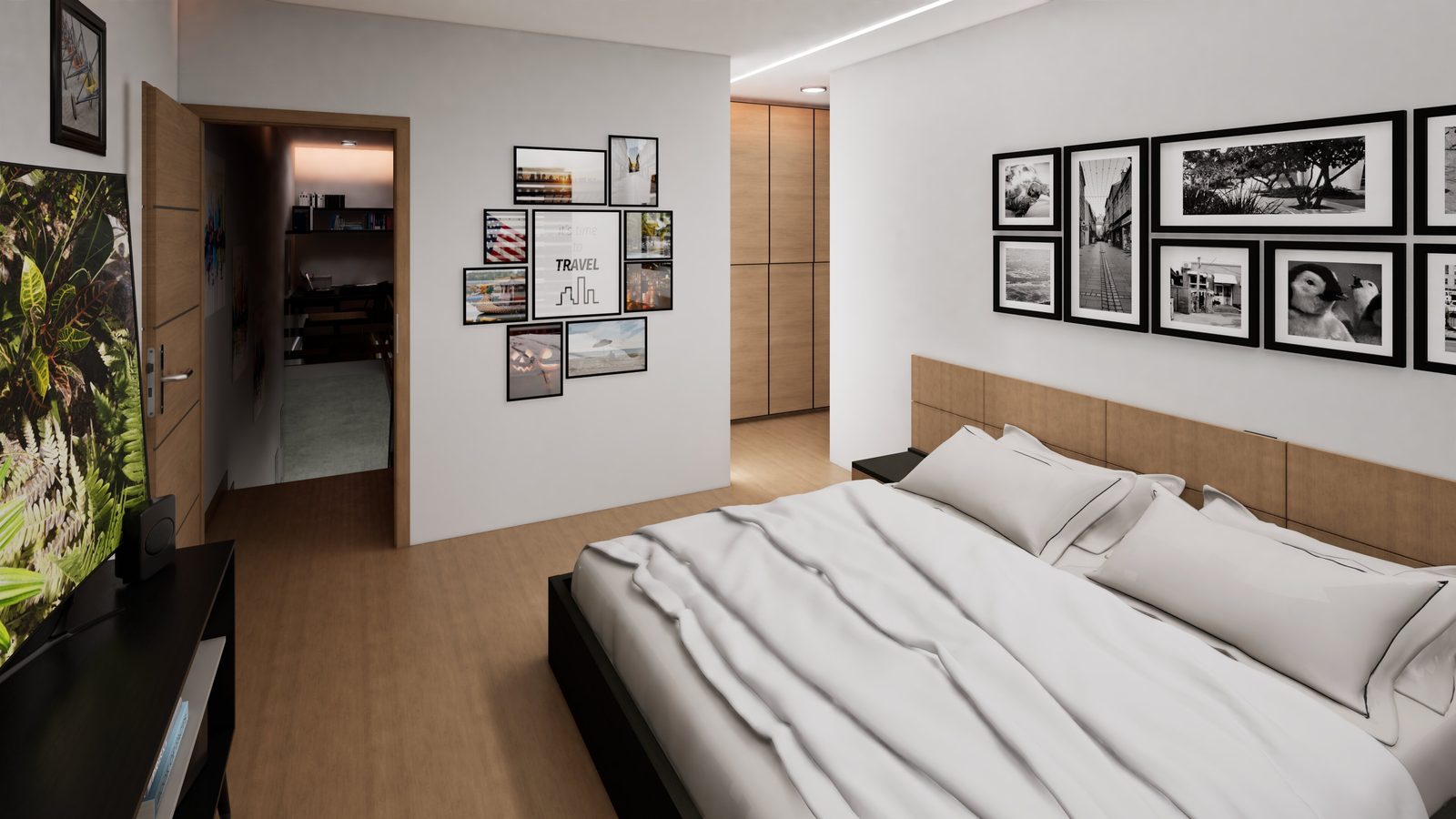 Dormitorio máster con acabados en madera cálida